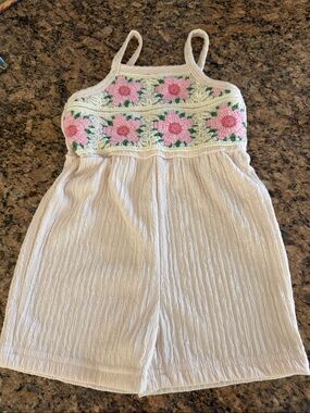 SHEIN Cream Crochet Bodice Romper with Pink Floral Accent